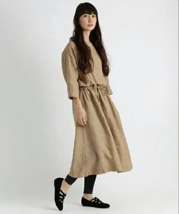 스튜디오 클립 린넨 100 허리 개더 롱 원피스 베이지 L