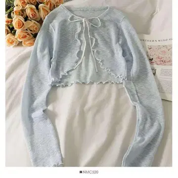 스카이블루 프릴 리본 크롭 가디건