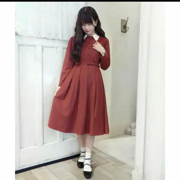 an another angelus 핀스트라이프 클레릭 카라 롱 원피스