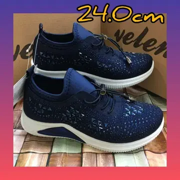 24.0cm 여성용 새상품 와이드 비쥬 슬립온 스니커즈 네이비 컬러