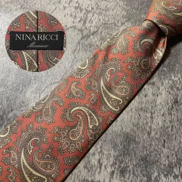 AN127 NINA RICCI 페이즐리 무늬 살몬 핑크 실크 넥타이