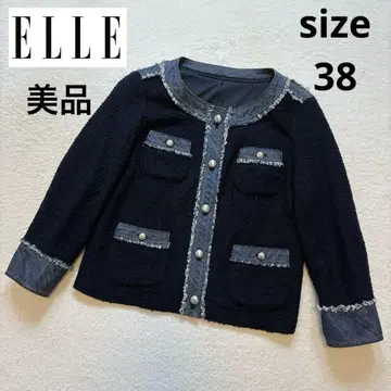 새상품급 ELLE 노카라 트위드 데님 자켓 실버 로고 버튼 38