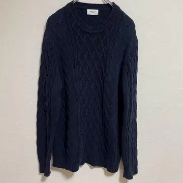 UNITED ARROWS 케이블 니트 면100% 라운드넥 네이비 L
