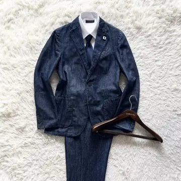 <>LARDINI 봄/여름 데님 코튼 린넨 수트 부토니에르 44