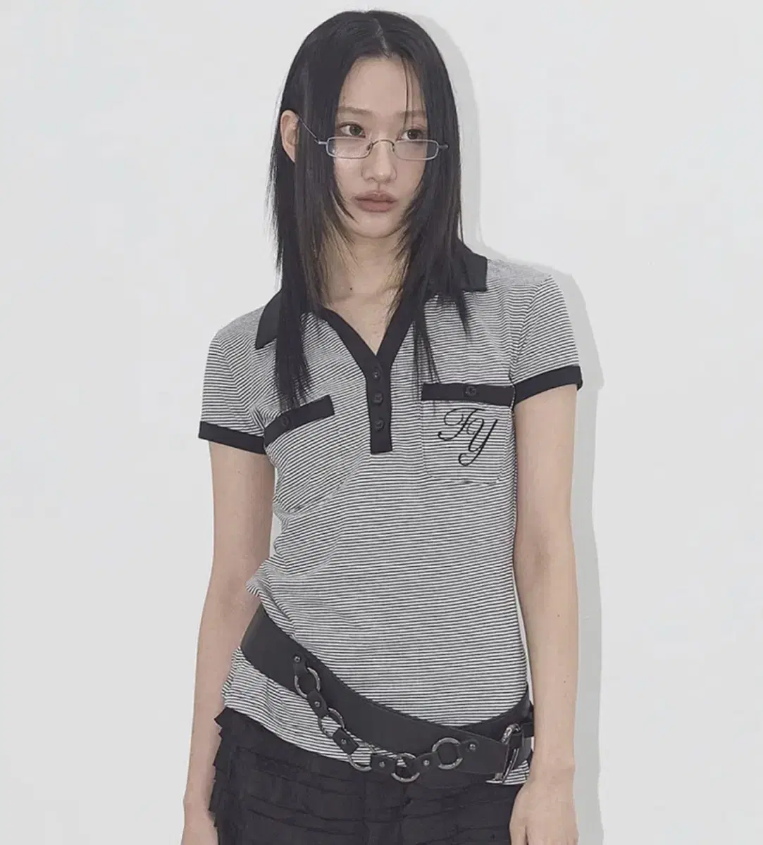 Nastyfancyclub Stripe Button Kara T-shirt Black