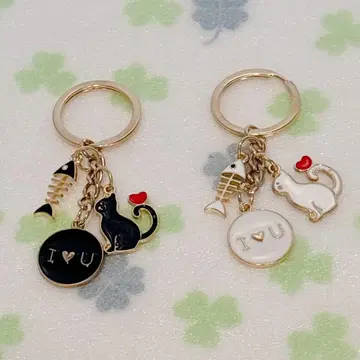 키링 귀여운 고양이 고양이 페어 키링 블랙 화이트 블랙