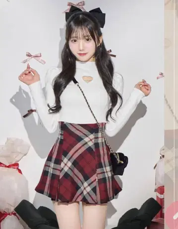 미셸 마카롱 플레어 체크 스커트 빨간색 레드 미니 스커트