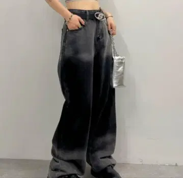 블랙 데님 와이드 팬츠 페이드 가공