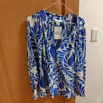 H&M 긴팔 블라우스 파란색 잎 패턴 US XL