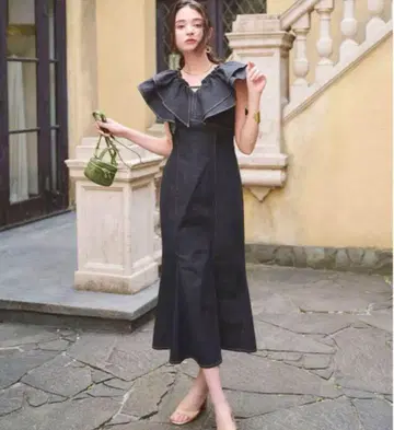 릴리안 캐럿 프릴 데님 원피스 머메이드 원피스 블랙 S