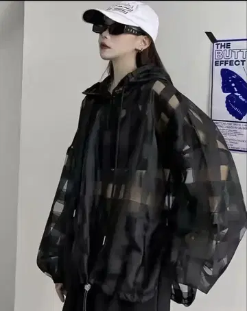 [미사용] 비침 체크 무늬 후드 부착 자켓 3XL