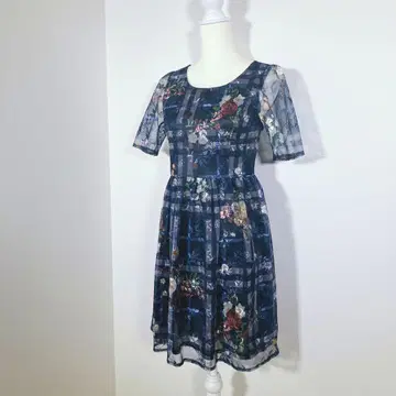 tocco closet 자수 시어 체크 원피스 꽃무늬 반팔 네이비