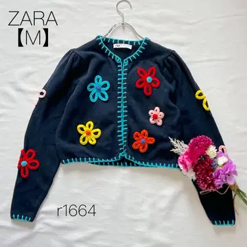 자라 자수 니트 가디건 숏 기장 플라워 네이비 ZARA [M]
