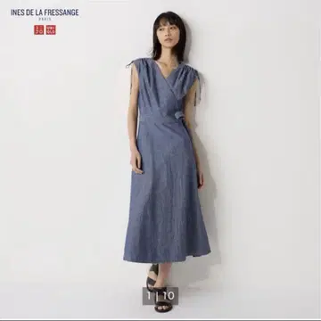 유니클로 이네스 랩 원피스 M 롱 원피스 데님 어깨 리본