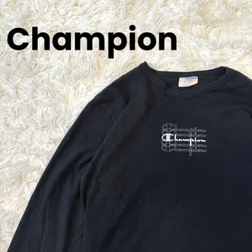 챔피온 00s 페이드 블랙 롱 T 셔츠 XL 로고 자수 및 프린트