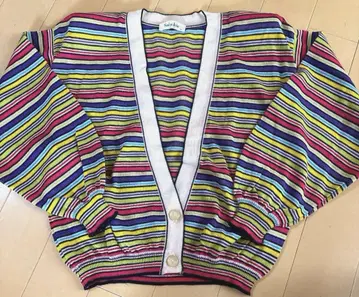 멀티 컬러 멀티 보더 V 넥 린넨 가디건 레트로 빈티지 80s 90s