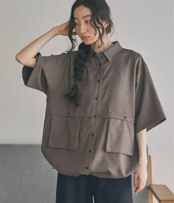 Unblend 입체 포켓 밑단 드로 코드 하프 슬리브 체크 셔츠