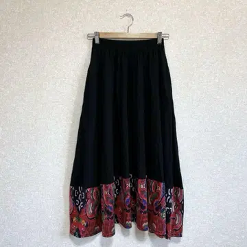 롱 플레어 스커트 린넨 혼방 허리 밴딩 블랙 M
