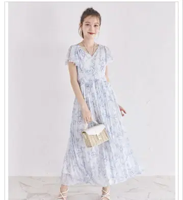 toccocloset 펄 장식 넥 리본 수채화 라인 플라워 플리츠 원피스