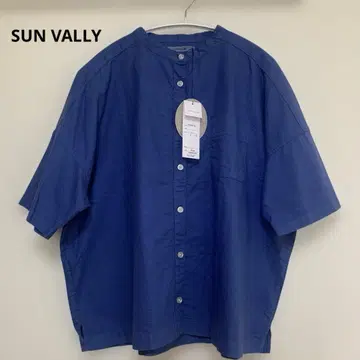 SUN VALLEY 새상품 옥스 밴드 카라 와이드 네이비 반팔 셔츠