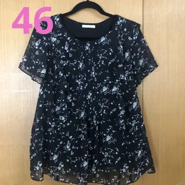 여성용 빅 사이즈 로즈 티아라 꽃무늬 쉬폰 블라우스 반팔 블랙 46