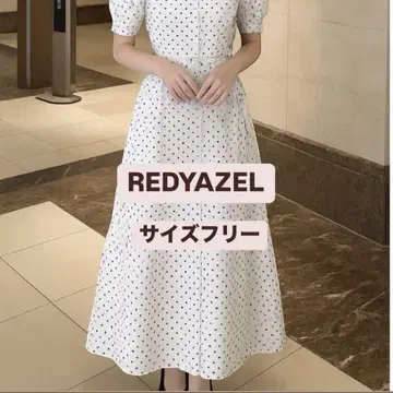 REDYAZEL 도트 무늬 반팔 롱 원피스 프리 벨트 포함 레이디 아젤
