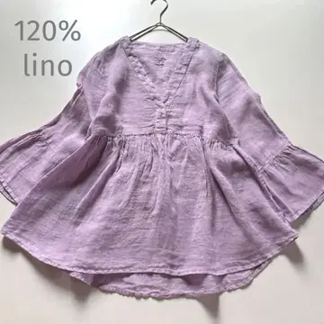 120% 리노 린넨 블라우스 플레어 슬리브 핑크 퍼플 불가리아 제