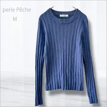 Perle Peche 리브 니트 M 블루 스타일업 효과 쿨 넥