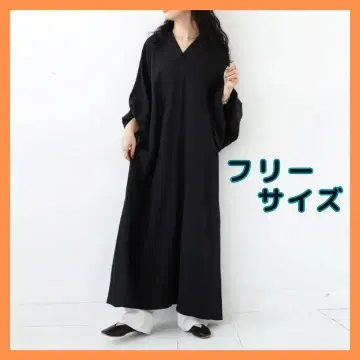 V 넥 원피스 롱 원피스 벌룬 볼륨 소매 돌려 입기 실루엣
