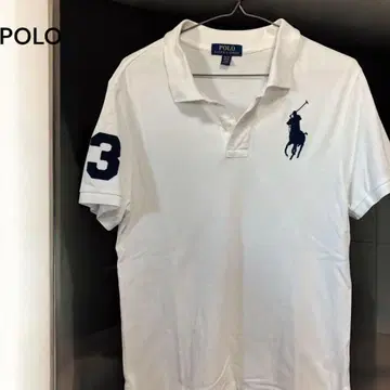 POLO 화이트 피케 셔츠 왼쪽 소매 숫자 3