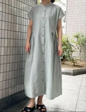 어반 리서치 롱 셔츠 원피스 밴드 카라 스트라이프 그린