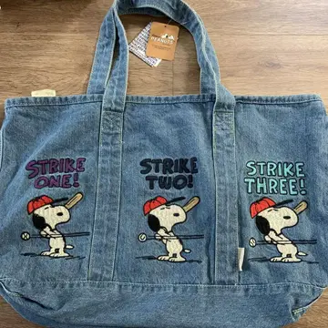 택 포함 미사용품 ROOTOTE SNOOPY 야구 패턴 데님 토트백