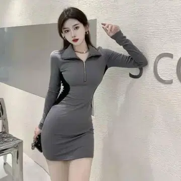 그레이 타이트 핏 지퍼 미니 원피스