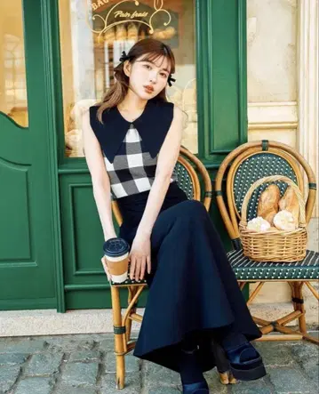 빅 칼라 깅엄 체크 니트 롱 원피스