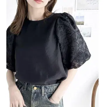 클래식 엘프 시어 꽃무늬 자수 볼륨 슬리브 블라우스 M
