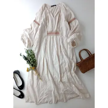 w closet 더블 클로젯 셔링 자수 리본 포함 긴팔 원피스