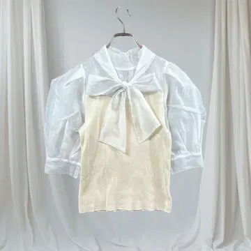 잉그 블라우스 오분 소매 시어 니트 리본 보타이 이종 소재 절개 비침