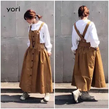 새상품급 yori 살로펫 치노 오버롤 스커트 원피스 카멜 봄/가을