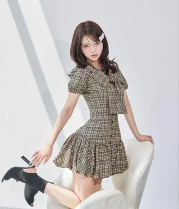 택 포함 새상품 빅 리본 벌룬 체크 미니 원피스 darich FL