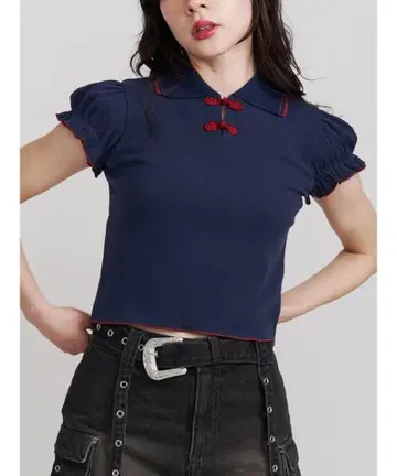 jouetie 퍼프 슬리브 차이나 폴로 탑