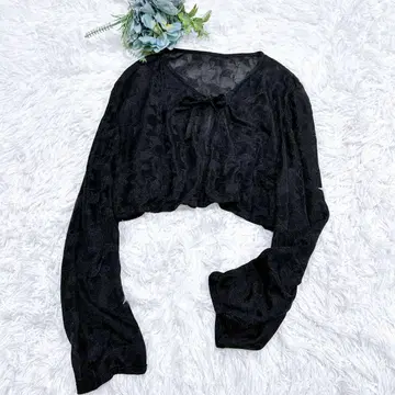 가디건 겉옷 긴팔 숏 기장 시스루 비침 꽃무늬 블랙 M