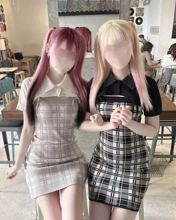 미셸 마카롱 체크 앙상블 원피스 블랙 HONEYMEW