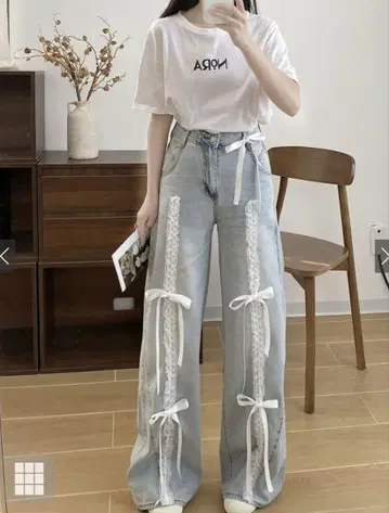 GRL 리본 레이스 프릴 와이드 데님 팬츠