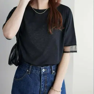 새상품 디스코트 시어 소매 절개 5부 소매 블랙 프리
