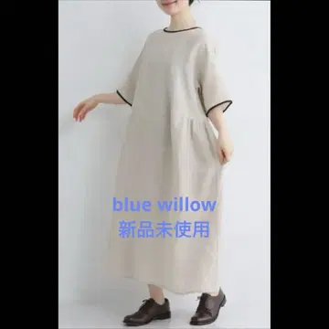 선착순! [미사용 새상품] 블루 윌로우 린넨 평직 소매 배색 원피스