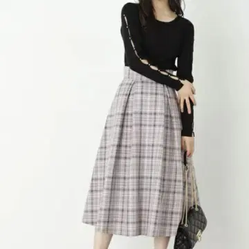 턱 플레어 스커트 그레이 체크