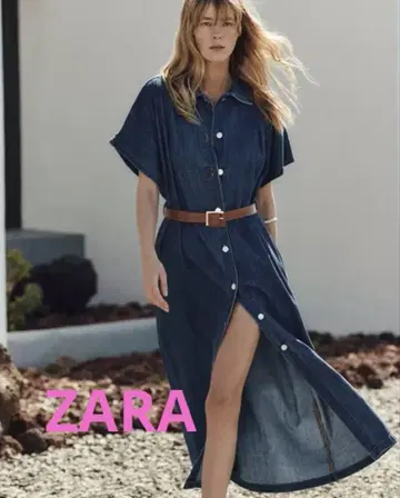 ZARA [미사용] 38 데님 미디 원피스 벨트 포함 반팔 롱 원피스
