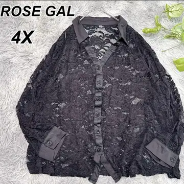 ROSE GAL [4XL] 플로럴 시어 버튼 다운 셔츠 레이스 셔츠 블랙
