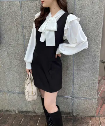 보타이 블라우스 세트 미니 원피스