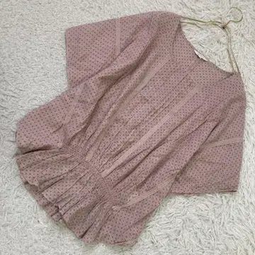 그로브 도트 무늬 레이스 블라우스 베이지 핑크 M 핀턱 걸리시